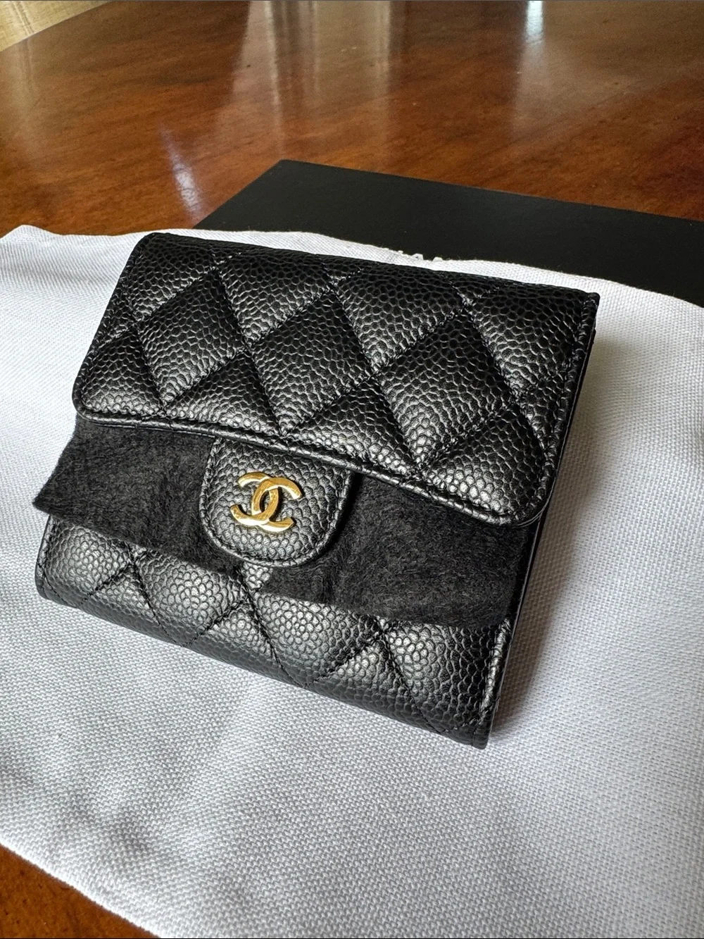 CHANEL Black Quilted Caviar Leather Wallet with Gold CC